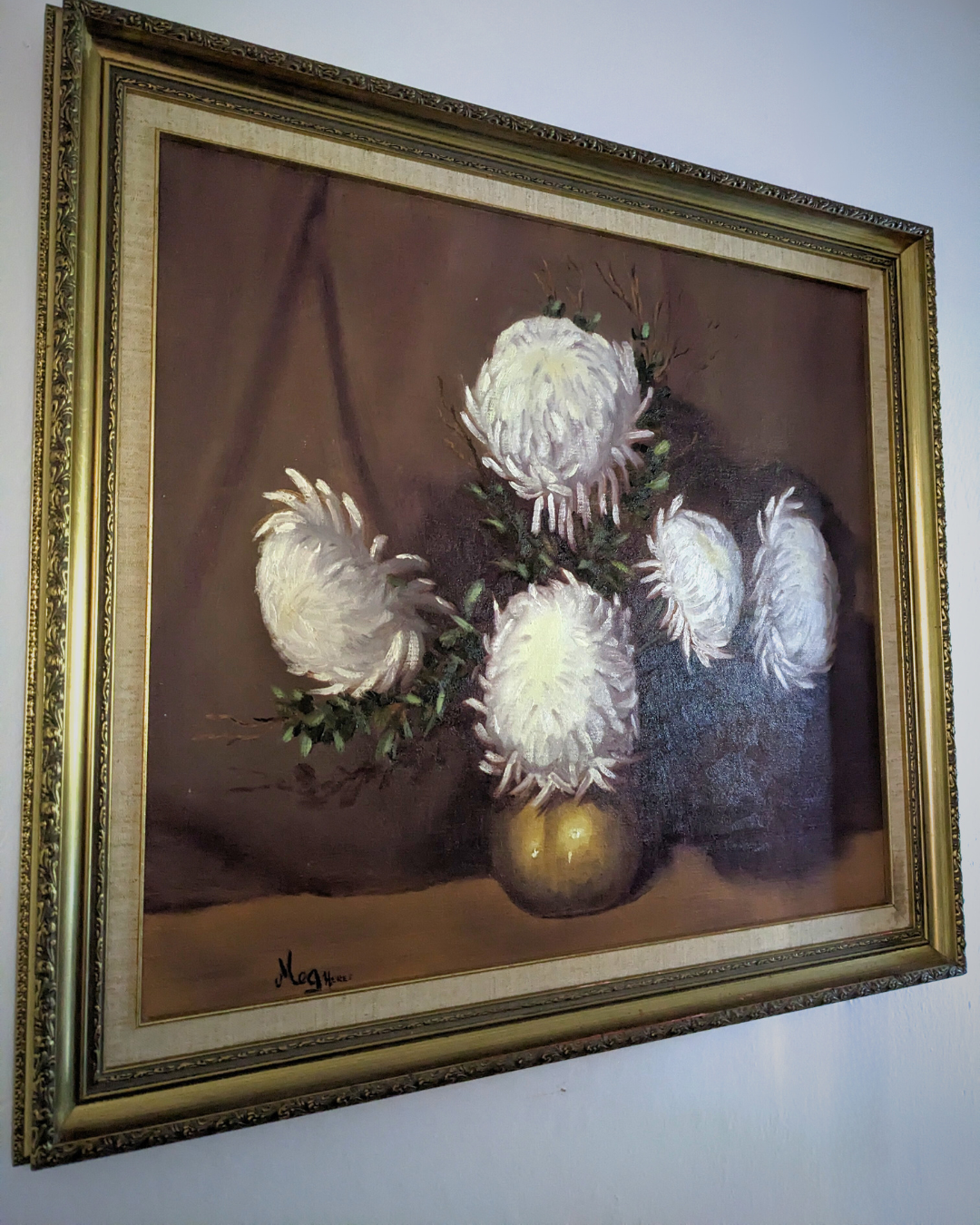 CHRYSANTHEMUMS IN VASE - OIL PAINTING - LINEN BORDER AND GILDED FRAME
